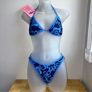 Women’s vintage 90s Y2K dead stock blue floral hibiscus bikini set Sz M NWT